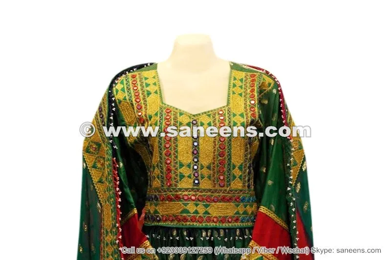 Embroidery Work Green Afghan Dress