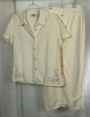 Emma James Liz Claiborne Women's Size 12 2-Piece Cream Linen Rayon Embroidered Blouse & Button Skirt Set