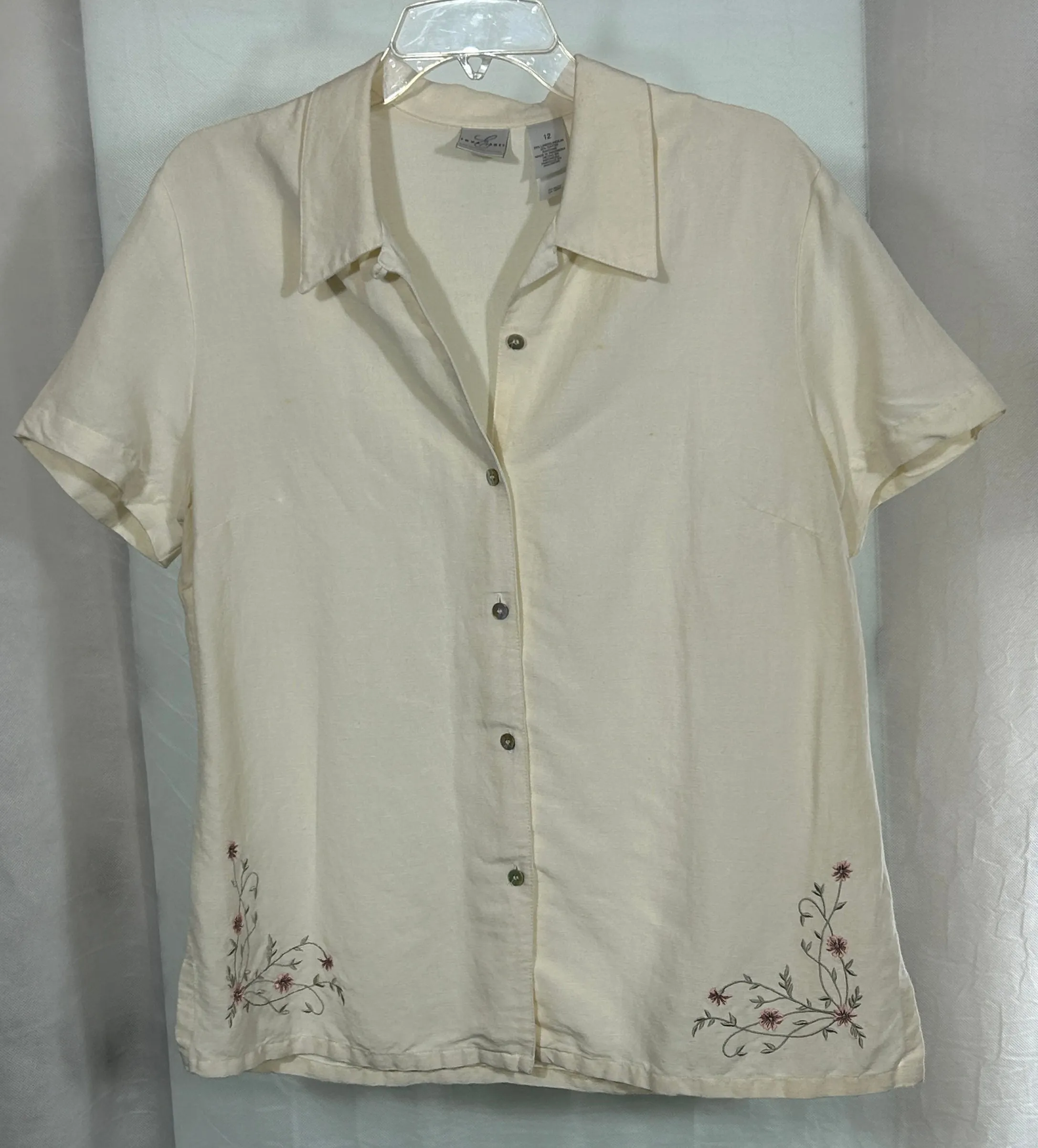 Emma James Liz Claiborne Women's Size 12 2-Piece Cream Linen Rayon Embroidered Blouse & Button Skirt Set