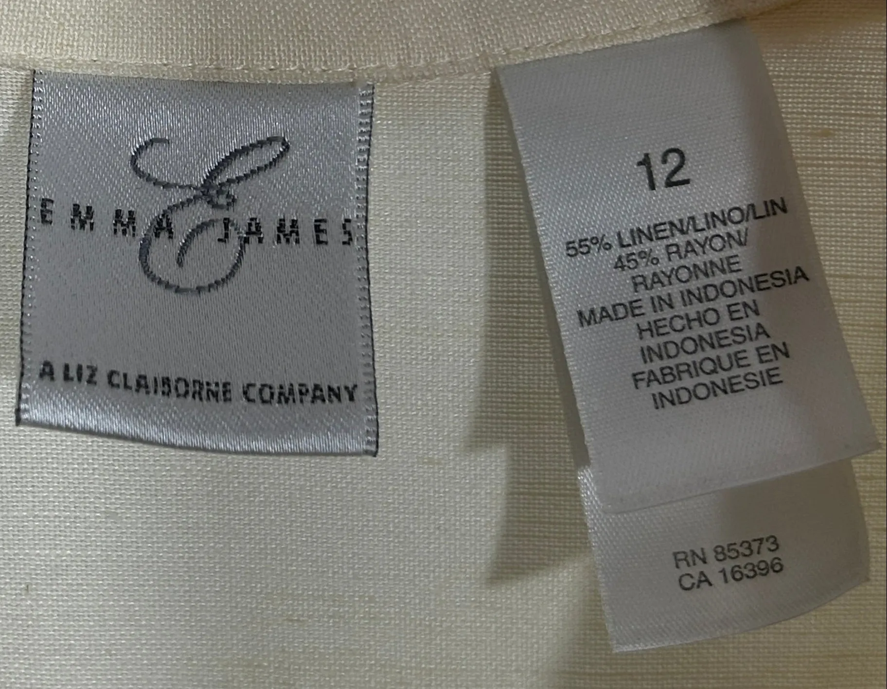 Emma James Liz Claiborne Women's Size 12 2-Piece Cream Linen Rayon Embroidered Blouse & Button Skirt Set