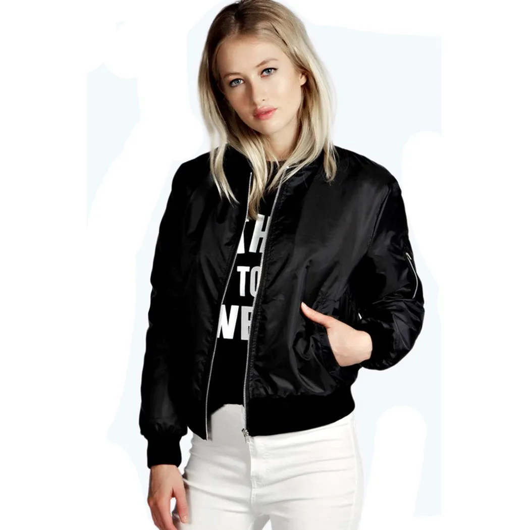 European Style Womens Retro Long Sleeve O-Neck Short Zipper Slim Bomber Jacket Casual Coat MA1 Pilot Bomber Jackets