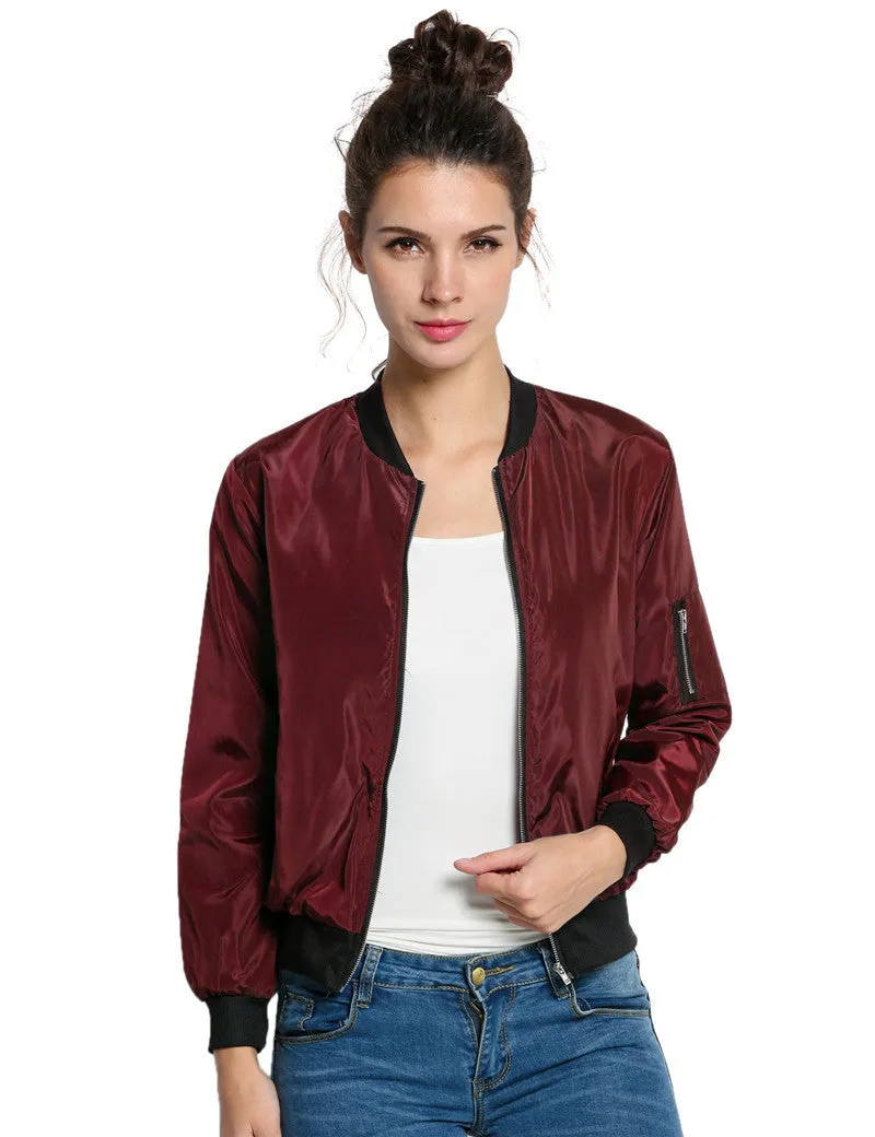 European Style Womens Retro Long Sleeve O-Neck Short Zipper Slim Bomber Jacket Casual Coat MA1 Pilot Bomber Jackets