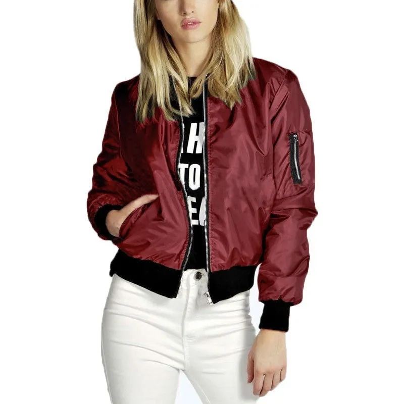 European Style Womens Retro Long Sleeve O-Neck Short Zipper Slim Bomber Jacket Casual Coat MA1 Pilot Bomber Jackets