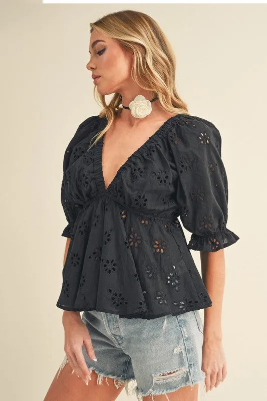 Eyelet Embroidered V-Neck Half Sleeve Black Peplum Blouse | Elegant Women's Top