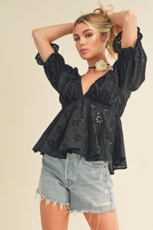 Eyelet Embroidered V-Neck Half Sleeve Black Peplum Blouse | Elegant Women's Top
