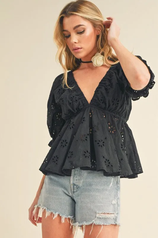 Eyelet Embroidered V-Neck Half Sleeve Black Peplum Blouse | Elegant Women's Top