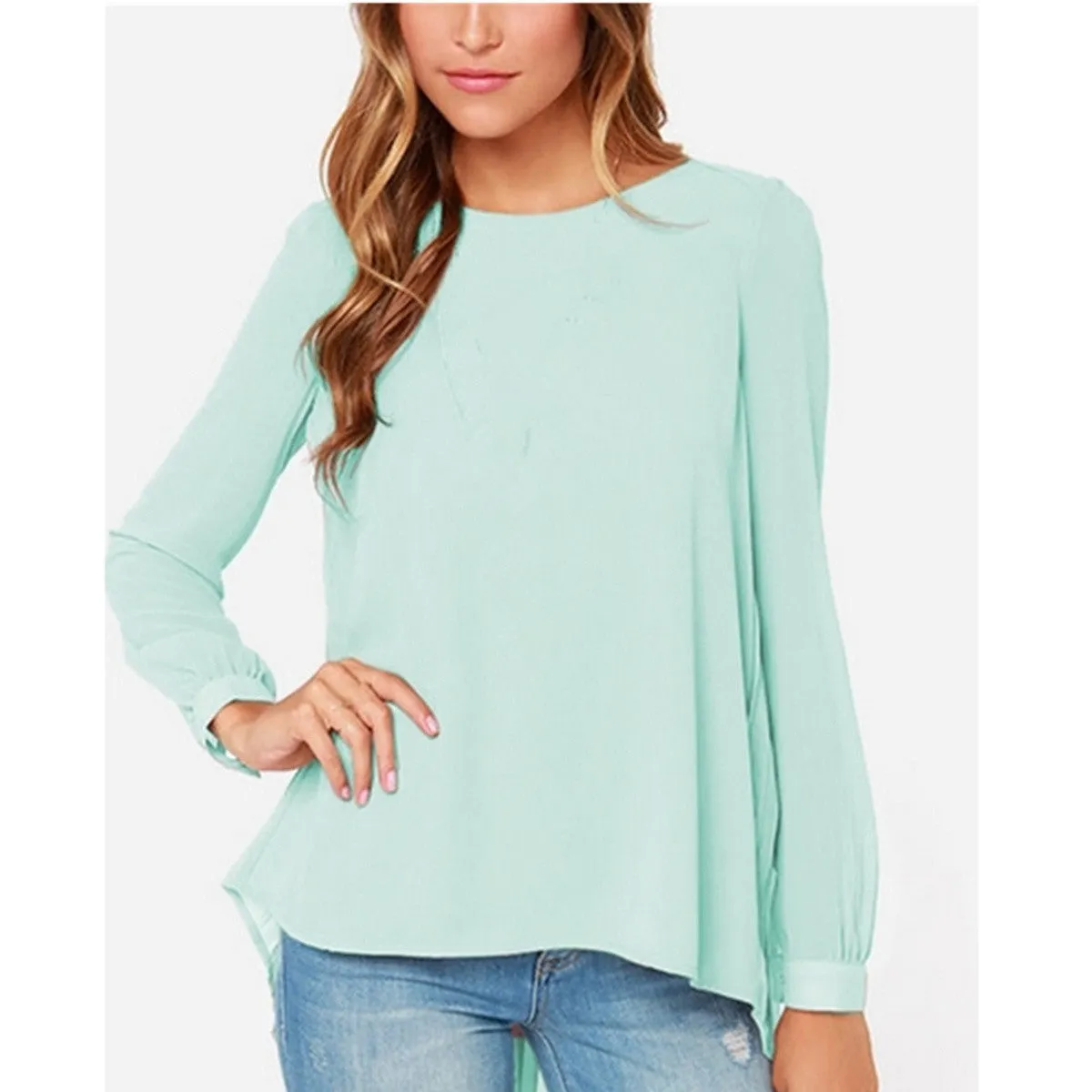 Fashion Women Chiffon Blouses Casual Shirt Long Sleeve Pleated Back Blouse Plus Size XS-5XL