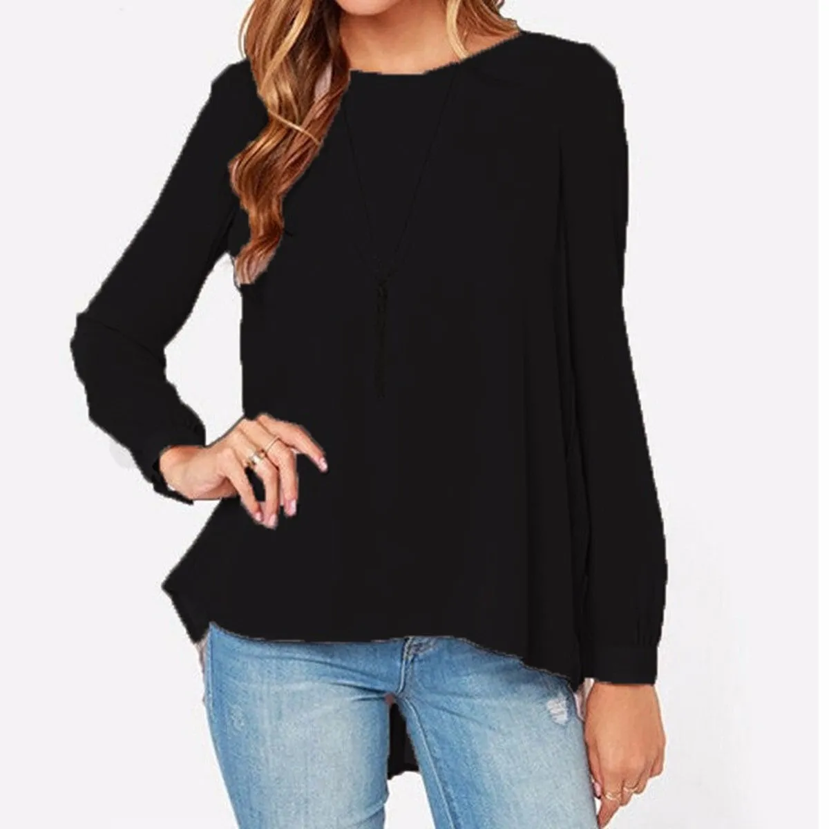 Fashion Women Chiffon Blouses Casual Shirt Long Sleeve Pleated Back Blouse Plus Size XS-5XL