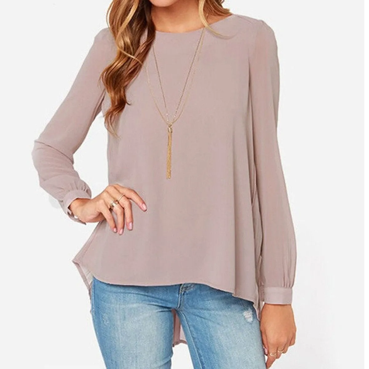 Fashion Women Chiffon Blouses Casual Shirt Long Sleeve Pleated Back Blouse Plus Size XS-5XL