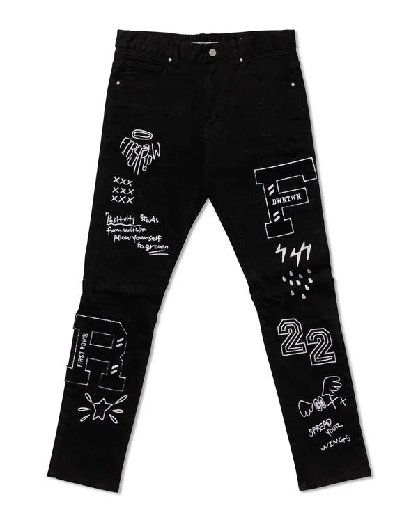 First Row Multi Patch Slim Fit Black Denim Pants