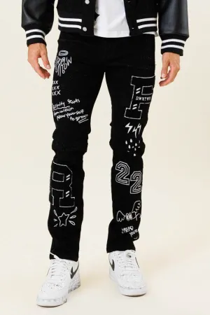 First Row Multi Patch Slim Fit Black Denim Pants