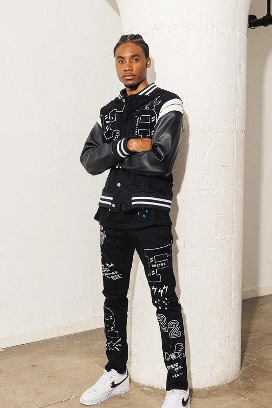 First Row Multi Patch Slim Fit Black Denim Pants