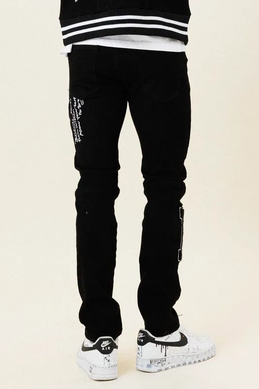 First Row Multi Patch Slim Fit Black Denim Pants