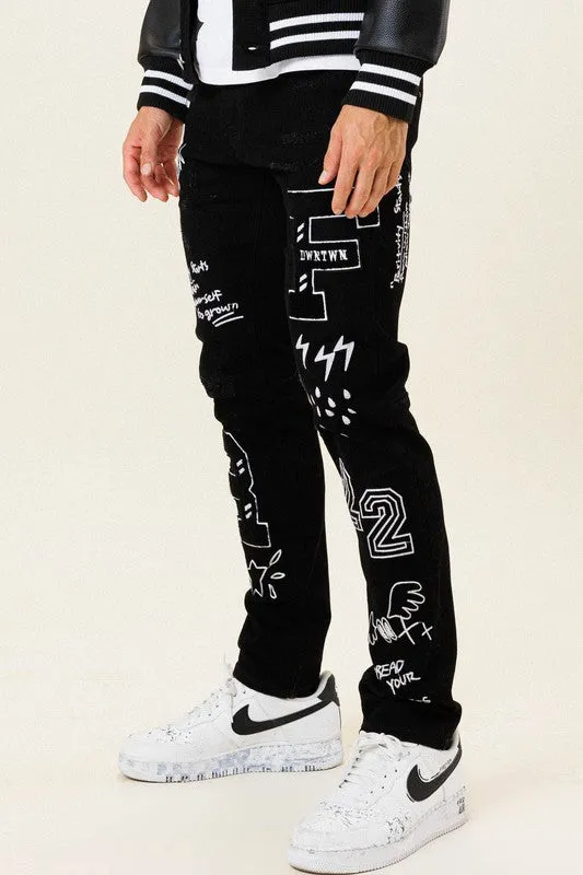 First Row Multi Patch Slim Fit Black Denim Pants