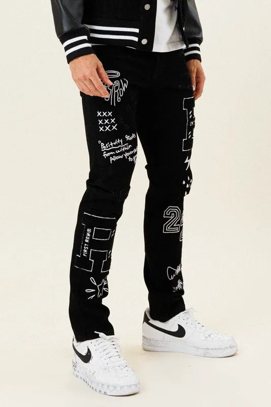 First Row Multi Patch Slim Fit Black Denim Pants