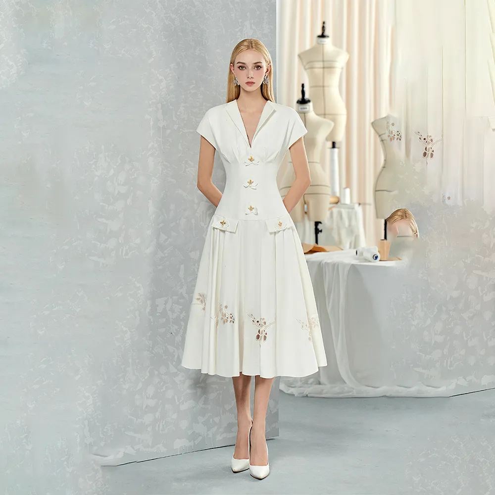Flared Dress With Sleeveless Shirt And Orchids