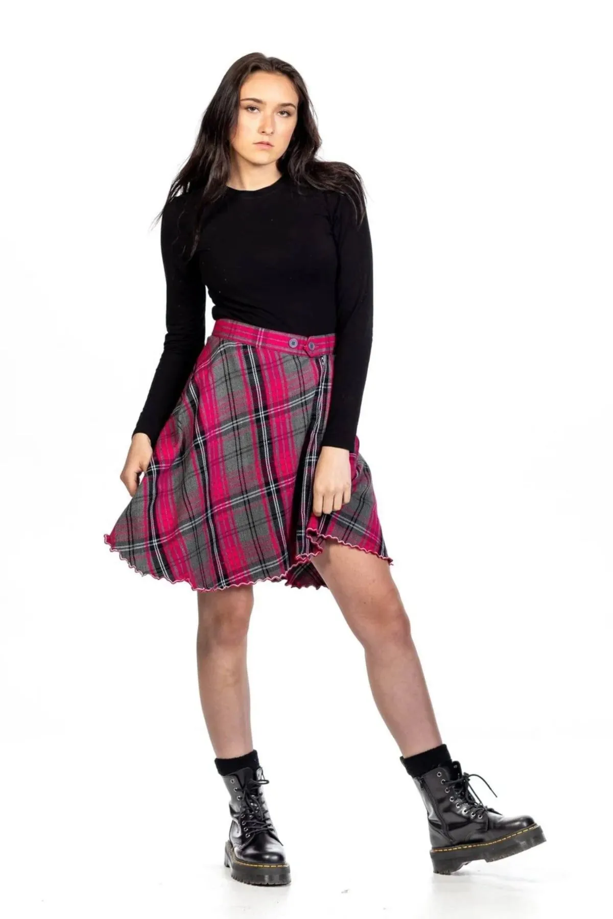Flared Tartan Button Midi Plaid Skirt