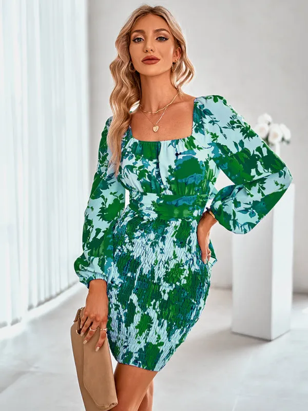 Floral Print Bodycon Dress with Square Neckline and Ruched Skirt