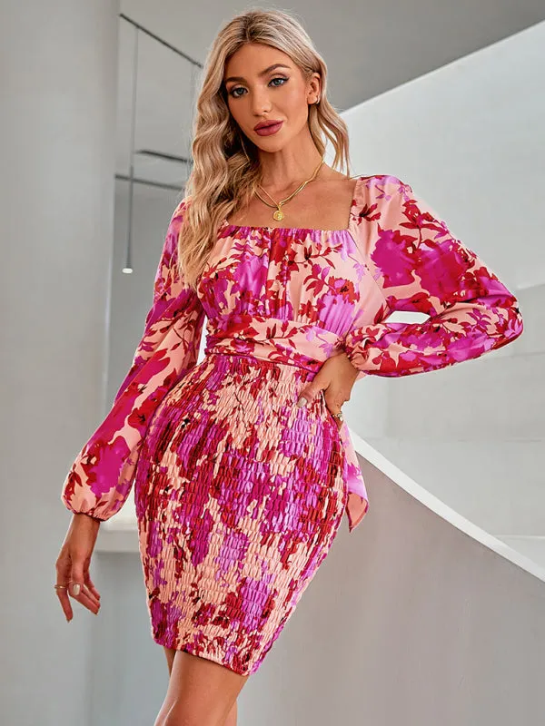 Floral Print Bodycon Dress with Square Neckline and Ruched Skirt