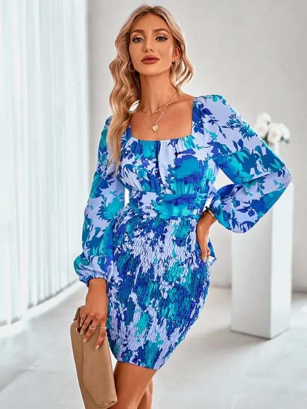 Floral Print Bodycon Dress with Square Neckline and Ruched Skirt
