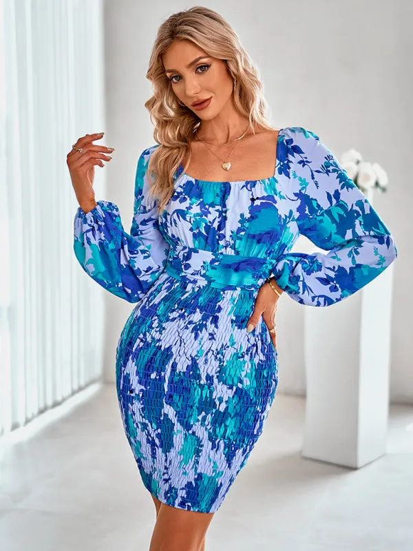 Floral Print Bodycon Dress with Square Neckline and Ruched Skirt