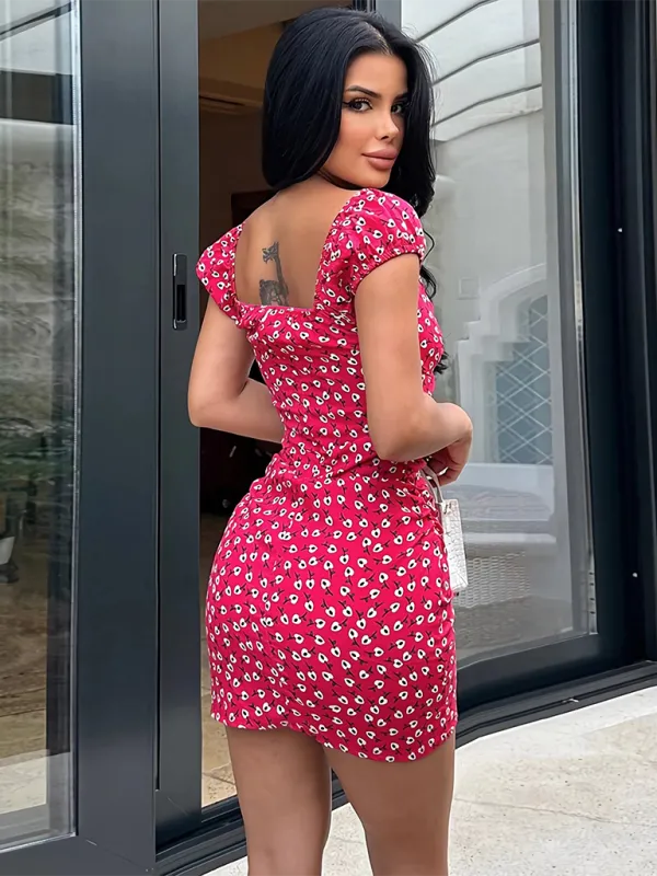 Floral Print V-Neck Mini Dress with Ruched Design