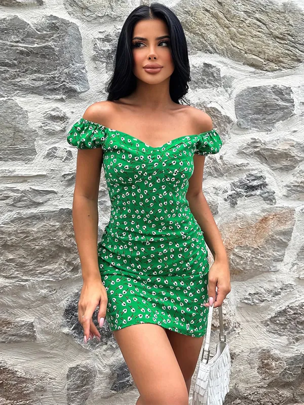 Floral Print V-Neck Mini Dress with Ruched Design