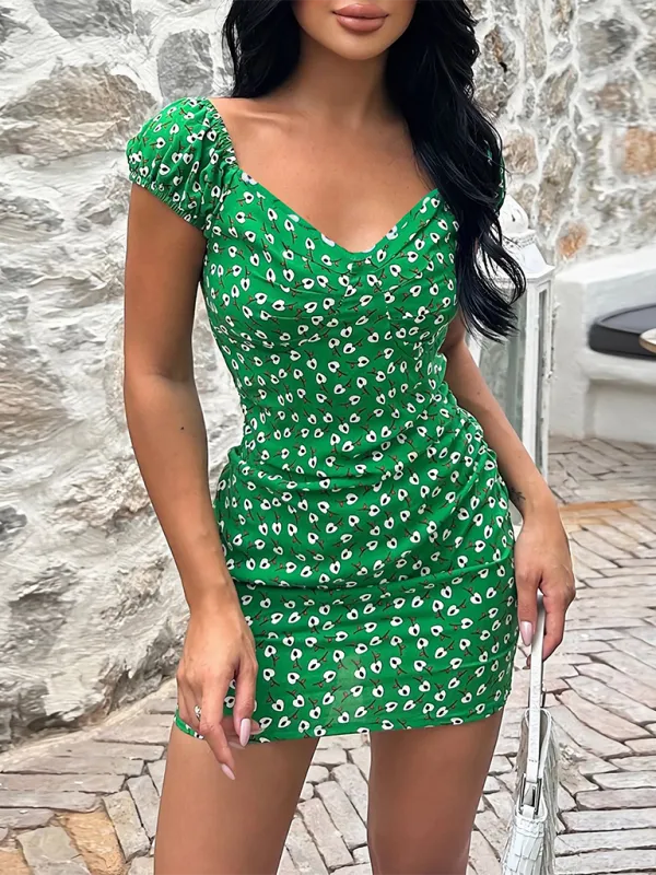 Floral Print V-Neck Mini Dress with Ruched Design
