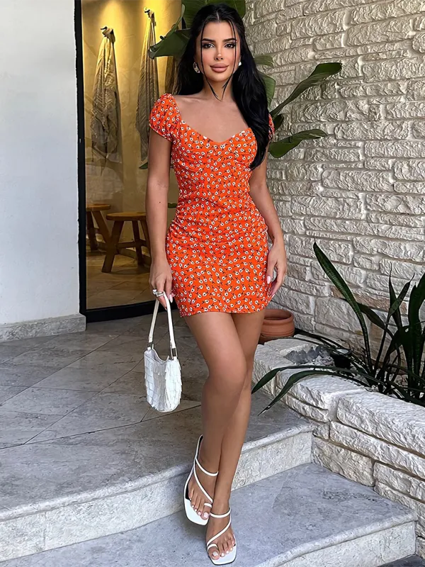 Floral Print V-Neck Mini Dress with Ruched Design