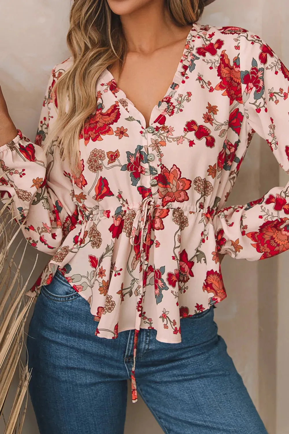 Floral V-Neck Drawstring Peplum Blouse for Women