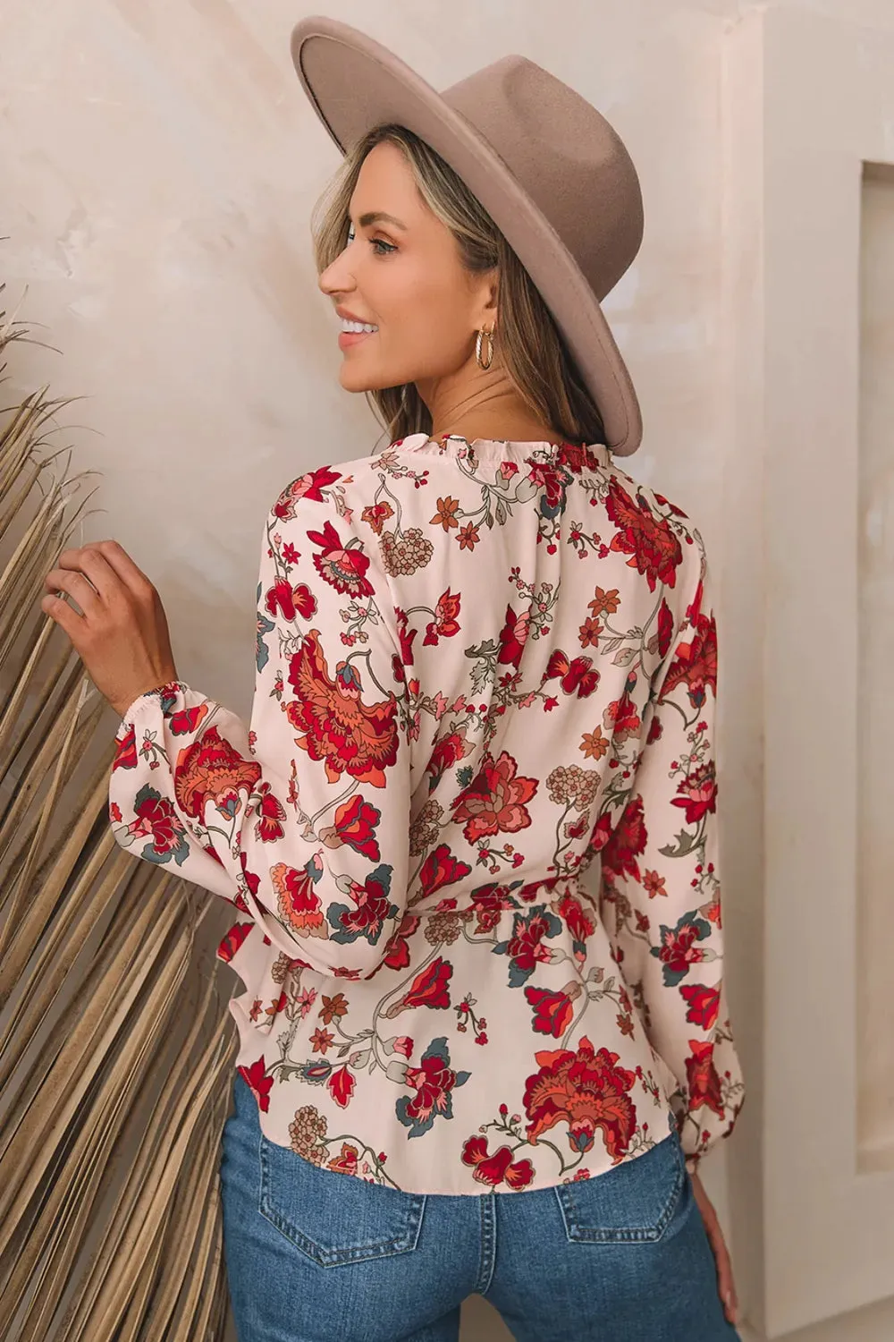 Floral V-Neck Drawstring Peplum Blouse for Women