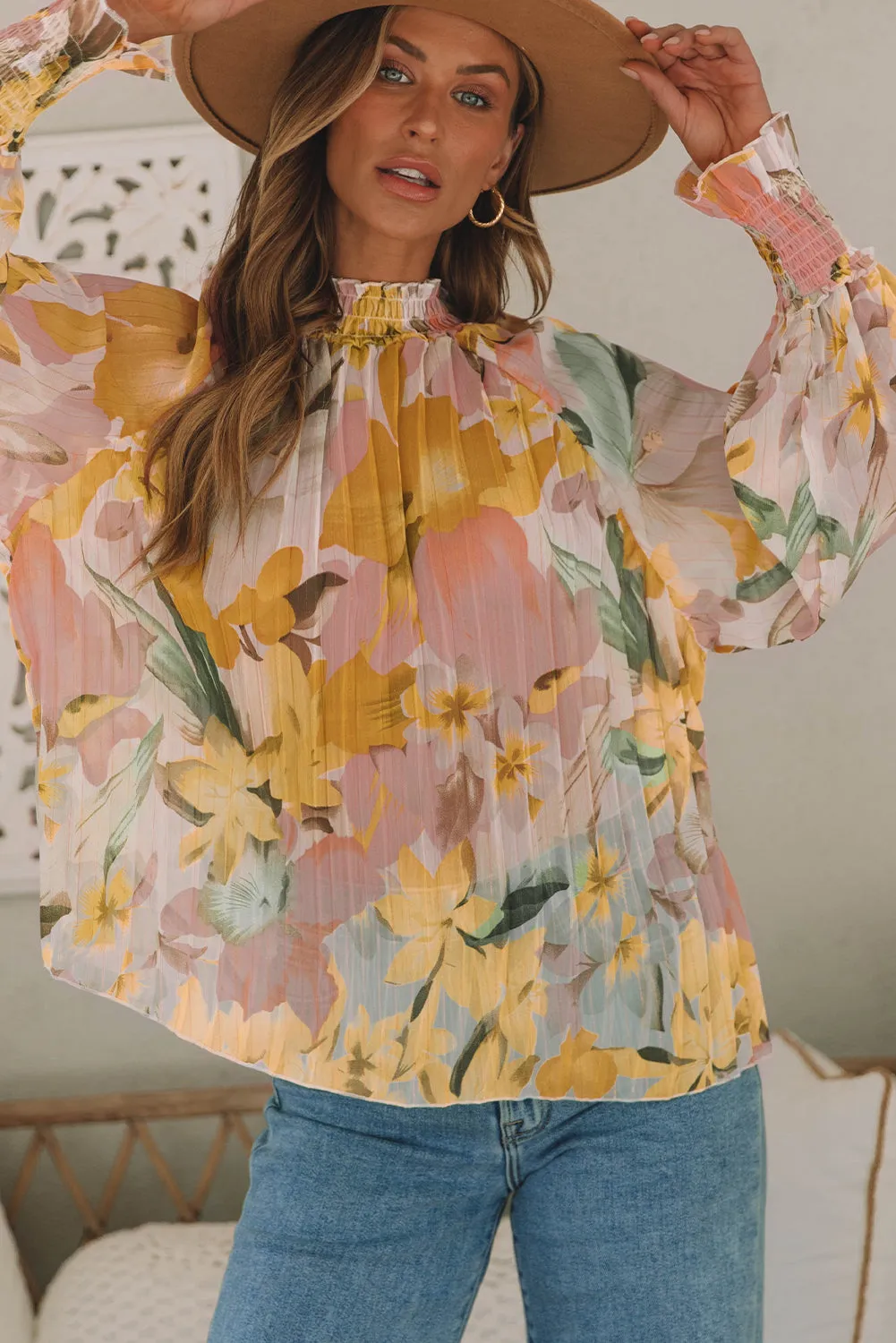 Flounce Sleeve Mock Neck Blouse