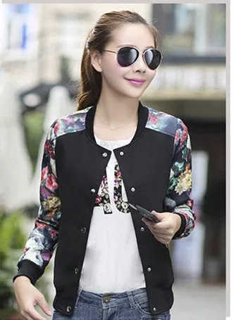 Flower Print Plus big Size Baseball short Jacket Women Round Collar Button Thin Bomber Jackets Long Sleeves girl Coat