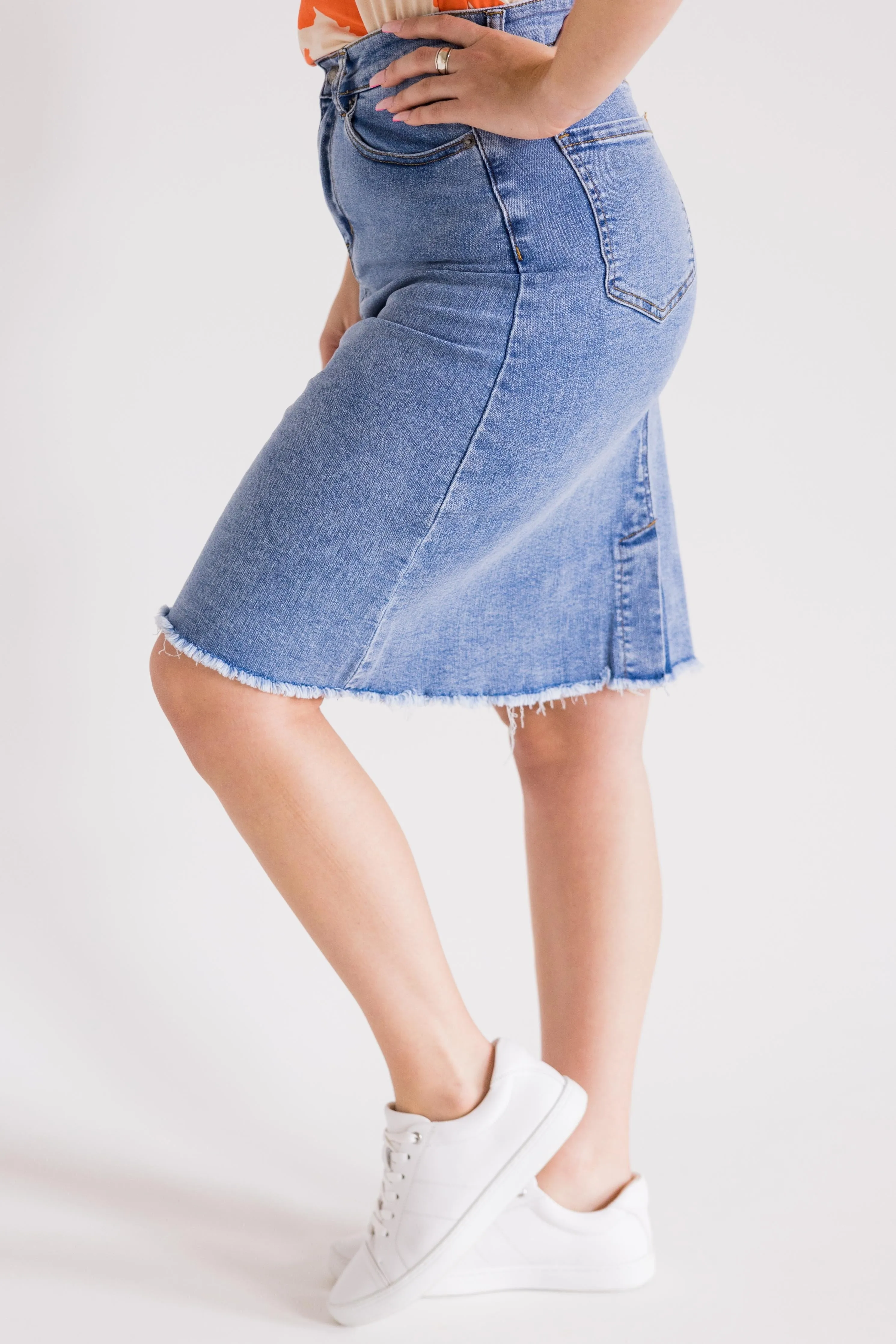 Frayed Denim Skirt | Mid Wash