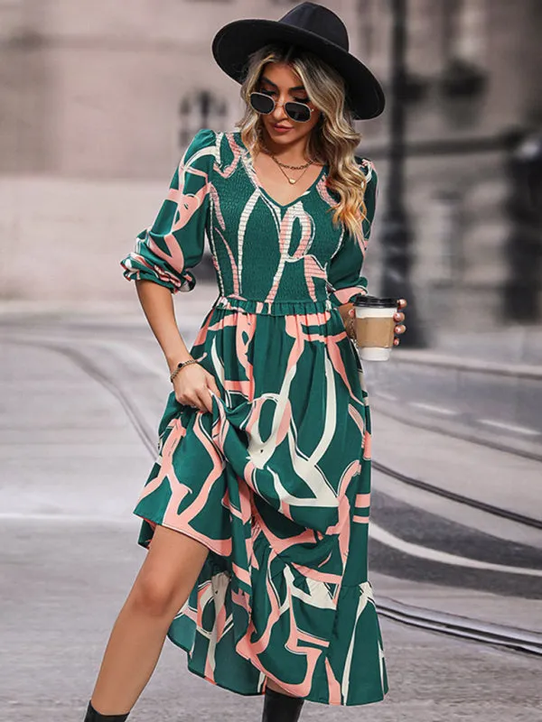 Geometric Print Maxi Dress with Smocked Bodice and Tiered Skirt