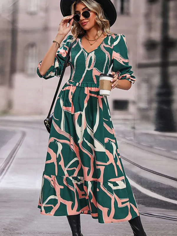 Geometric Print Maxi Dress with Smocked Bodice and Tiered Skirt
