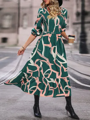 Geometric Print Maxi Dress with Smocked Bodice and Tiered Skirt
