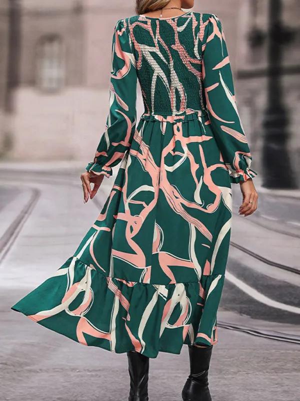 Geometric Print Maxi Dress with Smocked Bodice and Tiered Skirt