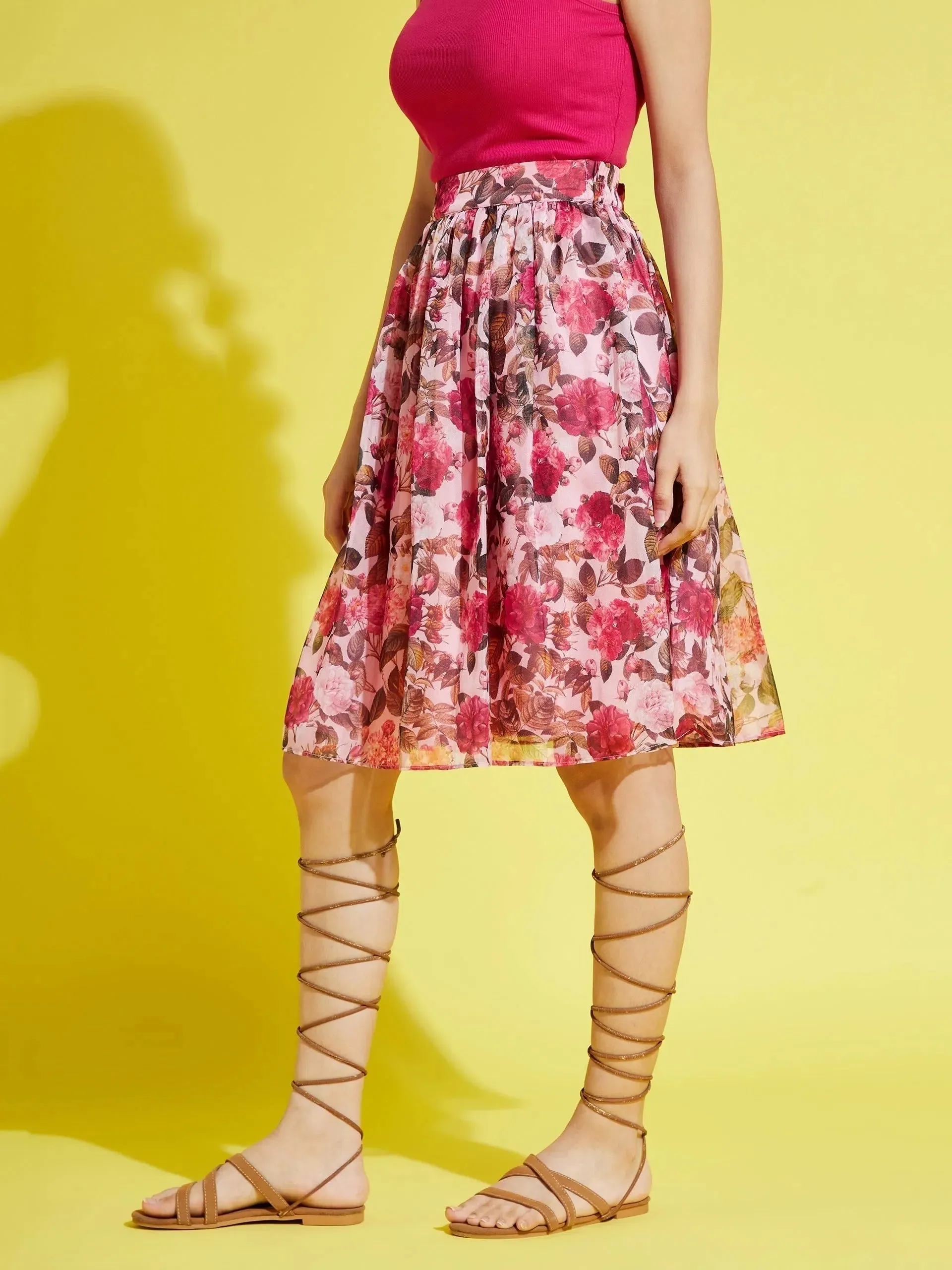 Girls Pink Organza Floral Gathered Skirt