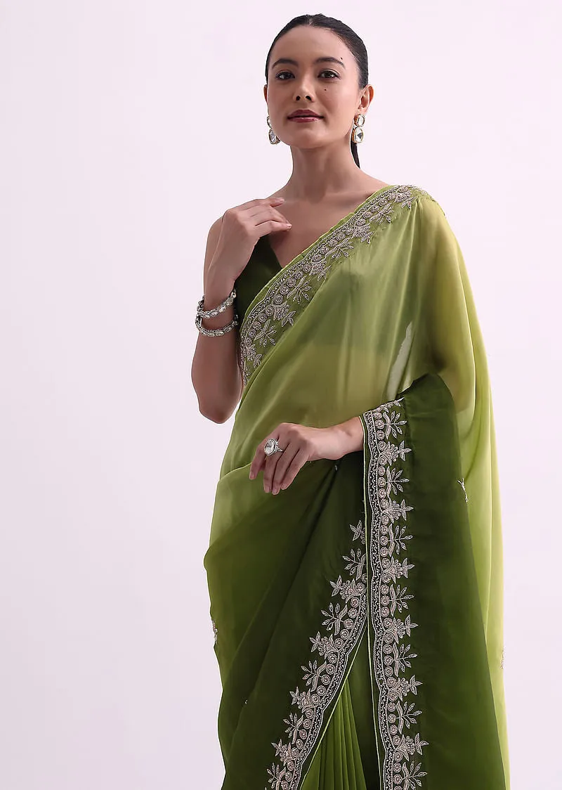Greem Ombre Shaded Satin Saree With Zardozi Work