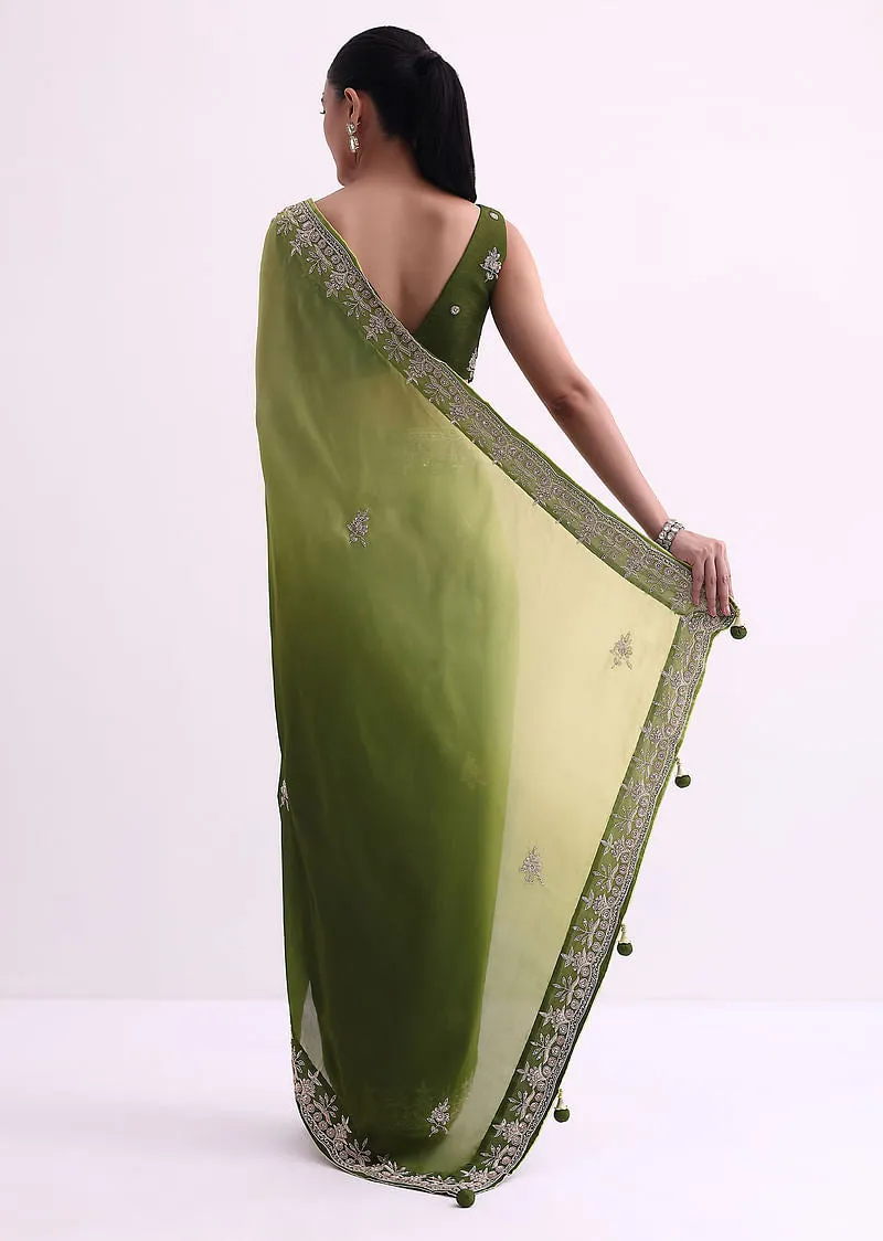Greem Ombre Shaded Satin Saree With Zardozi Work