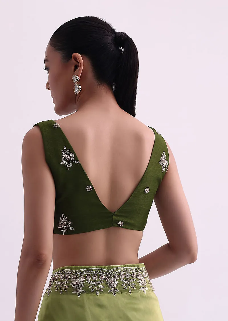 Greem Ombre Shaded Satin Saree With Zardozi Work