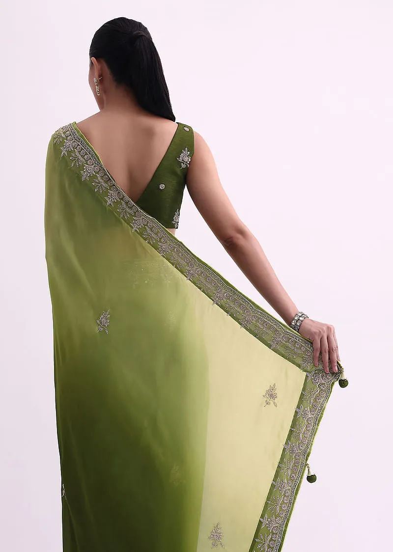 Greem Ombre Shaded Satin Saree With Zardozi Work