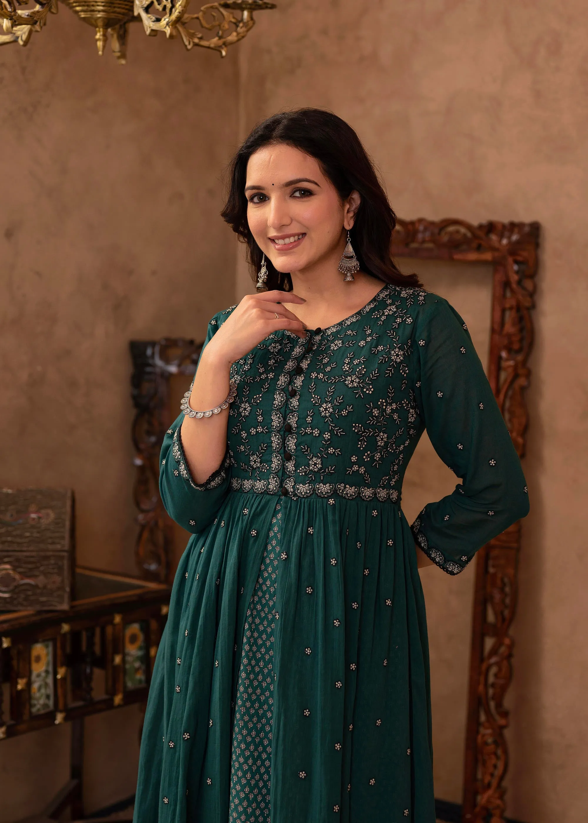 Green Floral Embroidered Cotton Dress with Button Details
