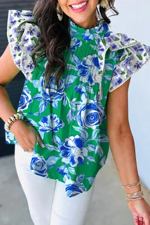 Green Floral Print Lace Trim Contrast Ruffle Sleeve Pleated Loose Blouse - PREORDER