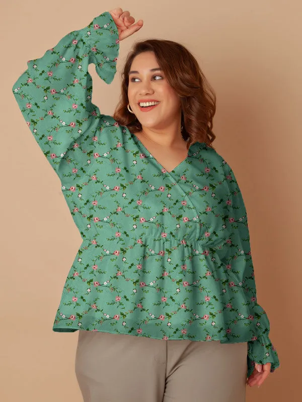 Green Floral Print Peplum Top