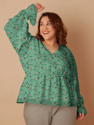 Green Floral Print Peplum Top