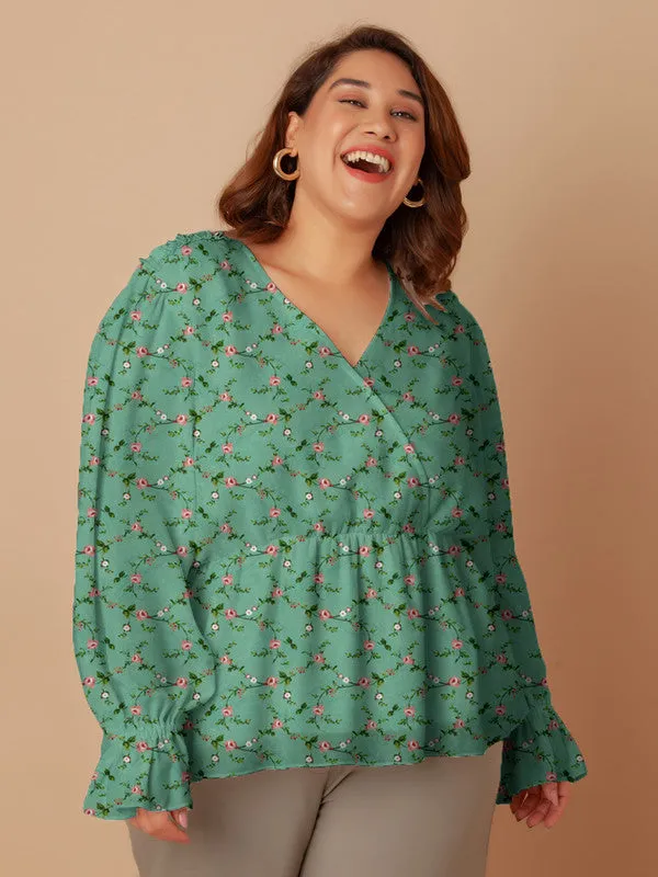 Green Floral Print Peplum Top