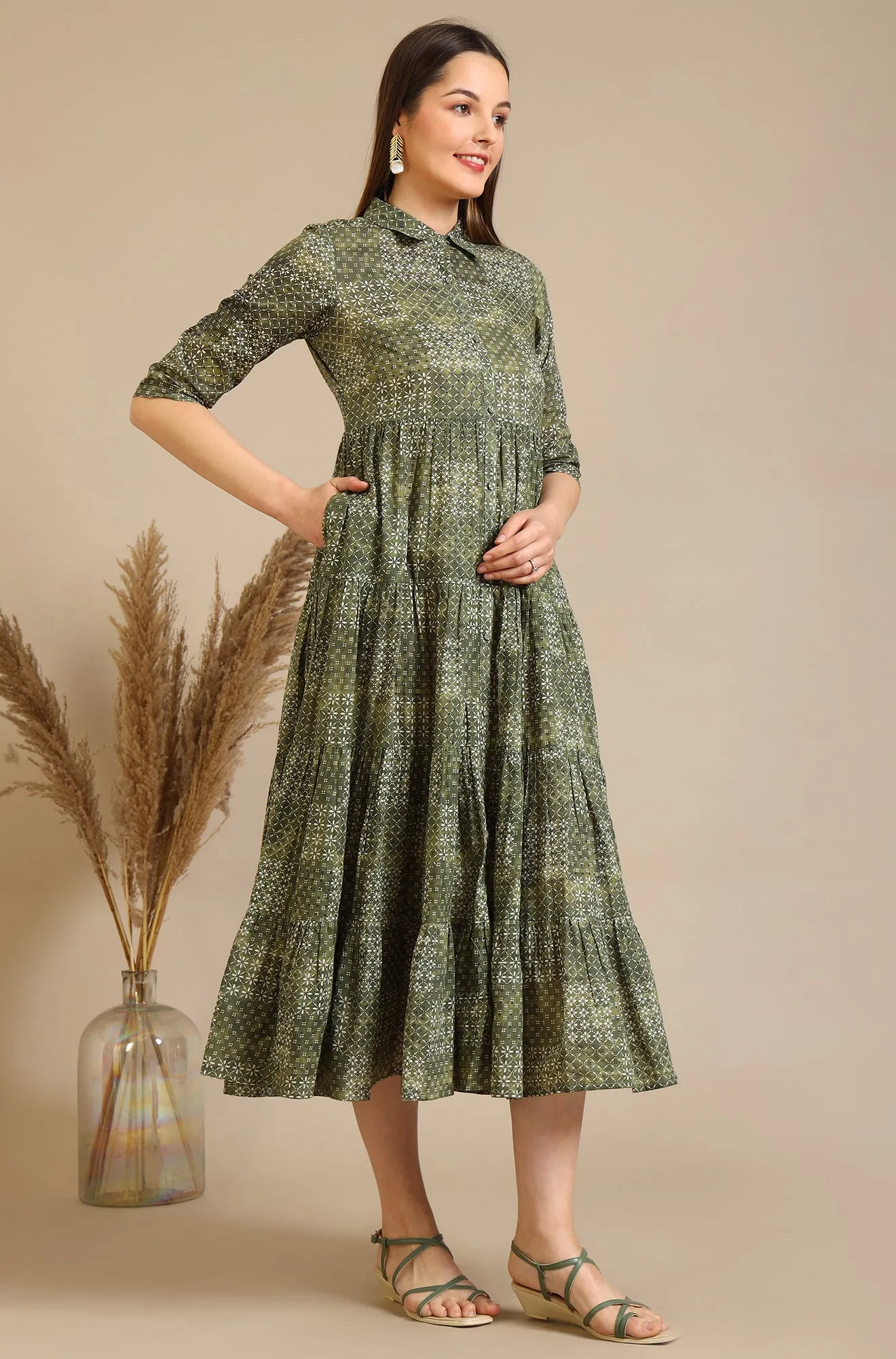 Green Geometric Printed Pure Cotton Tiered Dress