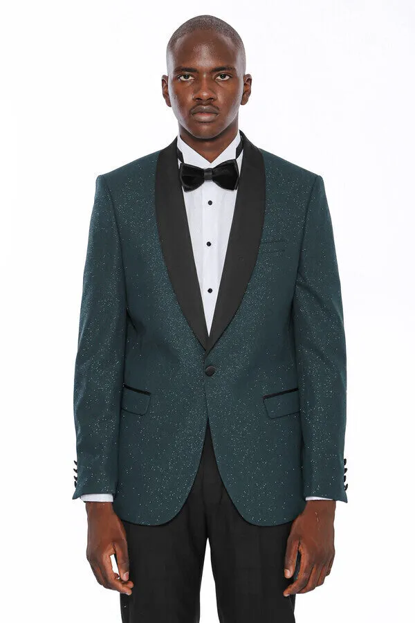 Green Shawl Lapel Sparkly Tuxedo Jacket - Wessi